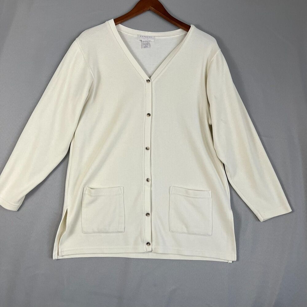 Express Tricot Cardigan Sweater Women's Medium Ivory Long Sleeve Button Front‎